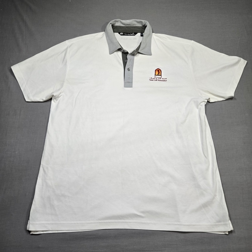 Travis Mathew Shirt Mens XXL White Lightweght Golf‎ Polo Qatar Golf Association